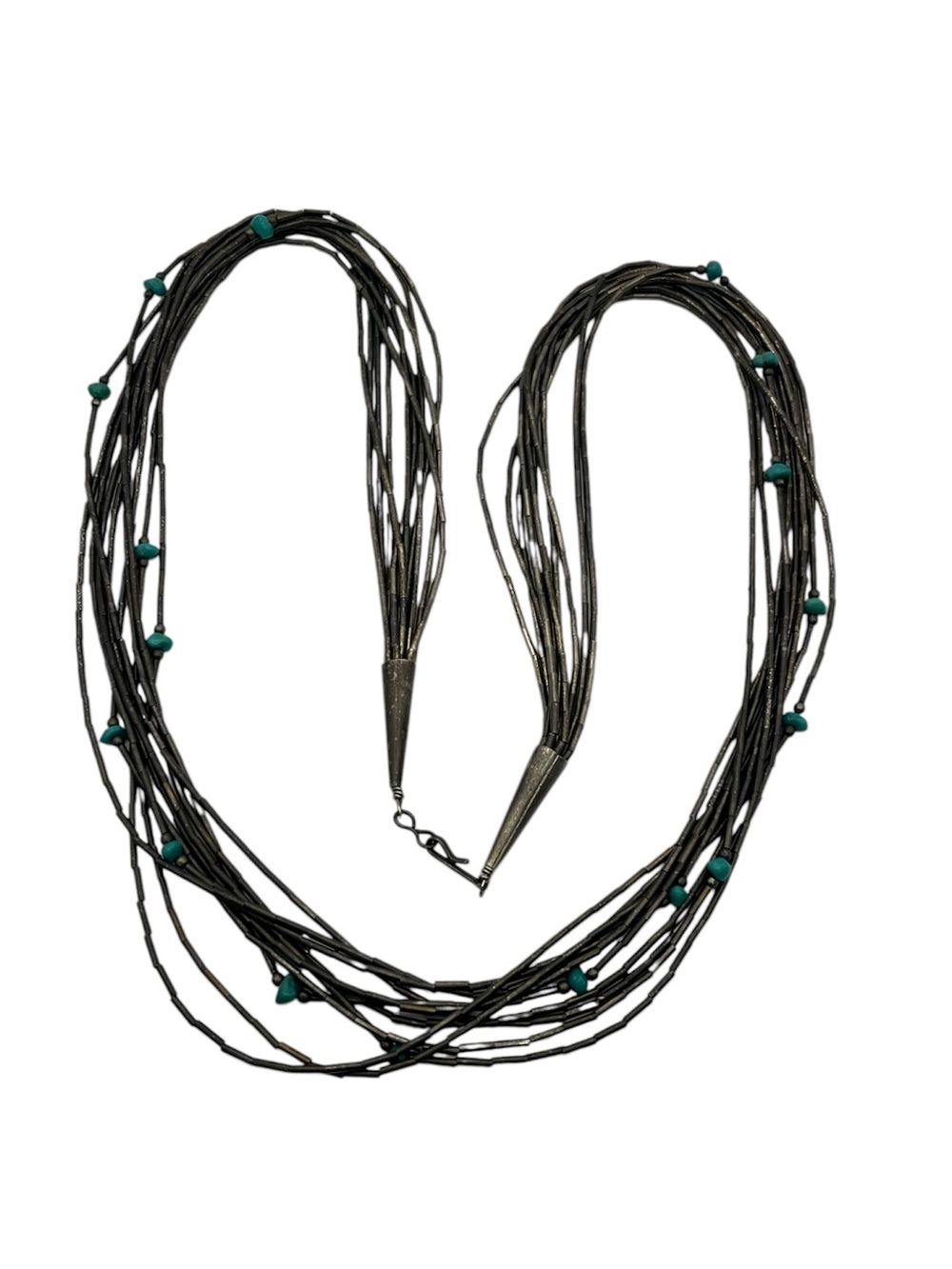Native American style liquid silver tone multi strand beaded necklace vintage